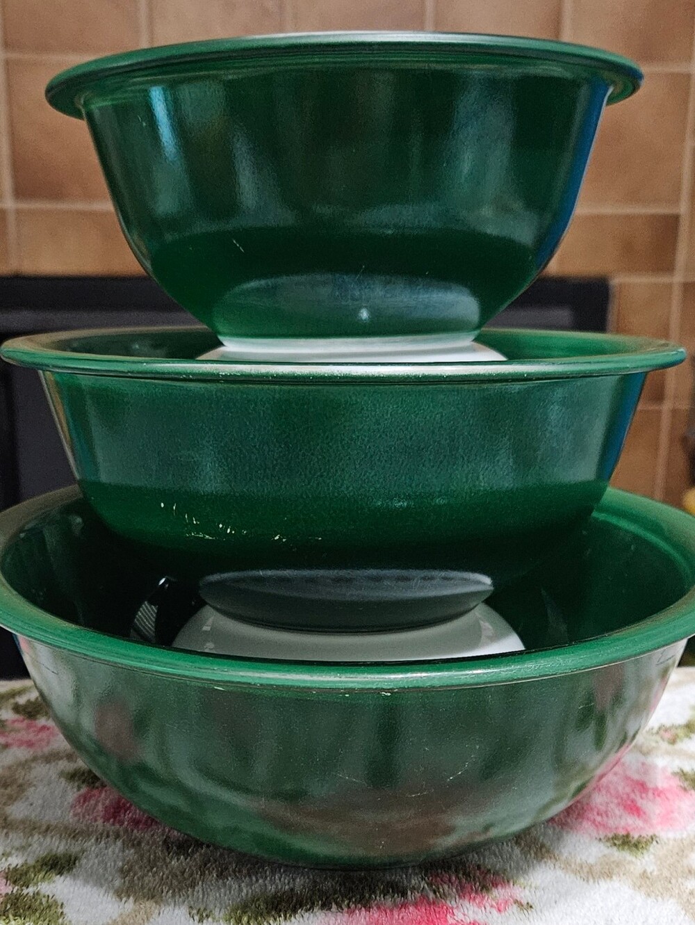 Pyrex Forest Green Mixing Bowls Clear Bottom